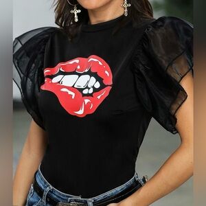 Black Shirt with Red Lips Biting Short Sleeve Shirt, Size Medium